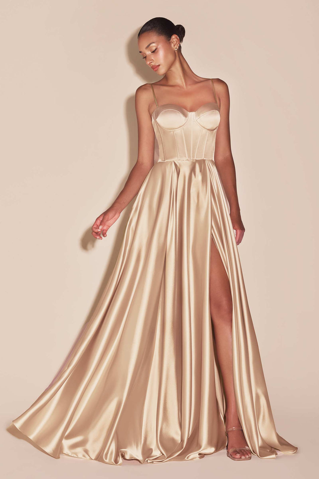 Gold Windsor Champagne Dress Mirabel Satin Corset High Slit Formal Dress Windsor Gold Windsor Champagne Dress Mirabel Satin Corset High Slit Formal Dress Windsor