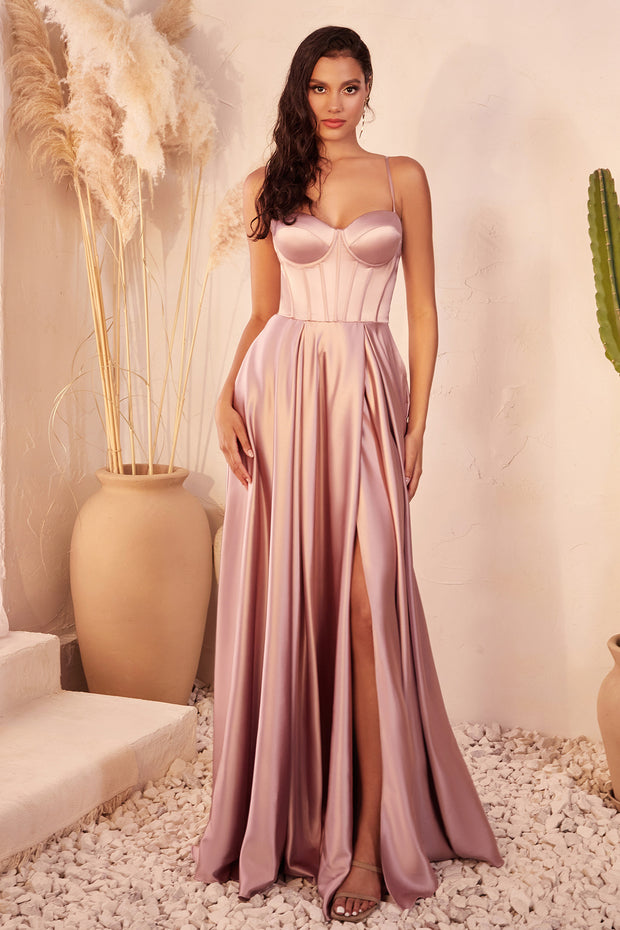 Satin Sleeveless Corset A-line Slit Gown by Ladivine CD337