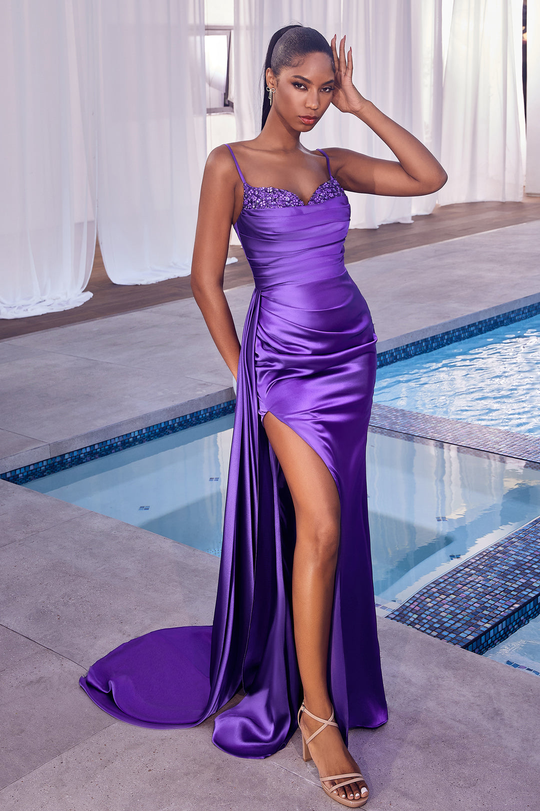 Fitted Beaded Sleeveless Satin Slit Gown by Ladivine CD340