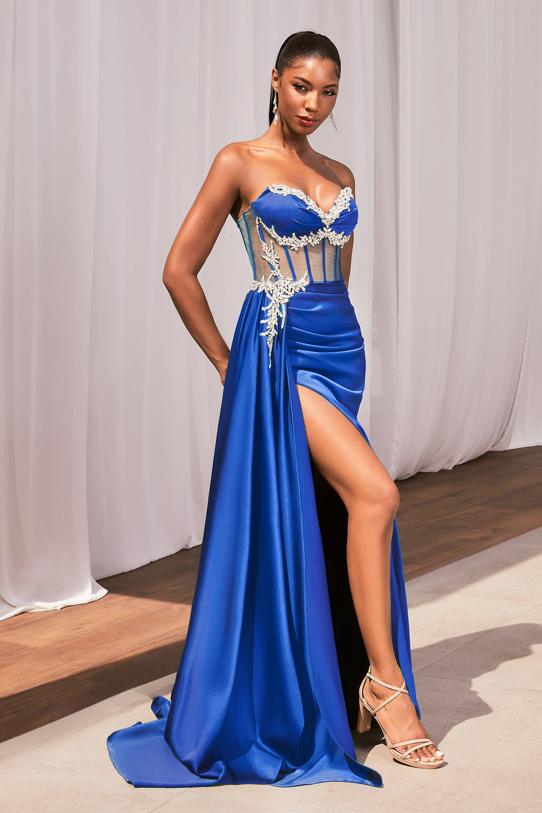 Beaded Satin Strapless Corset Slit Gown by Ladivine CD343