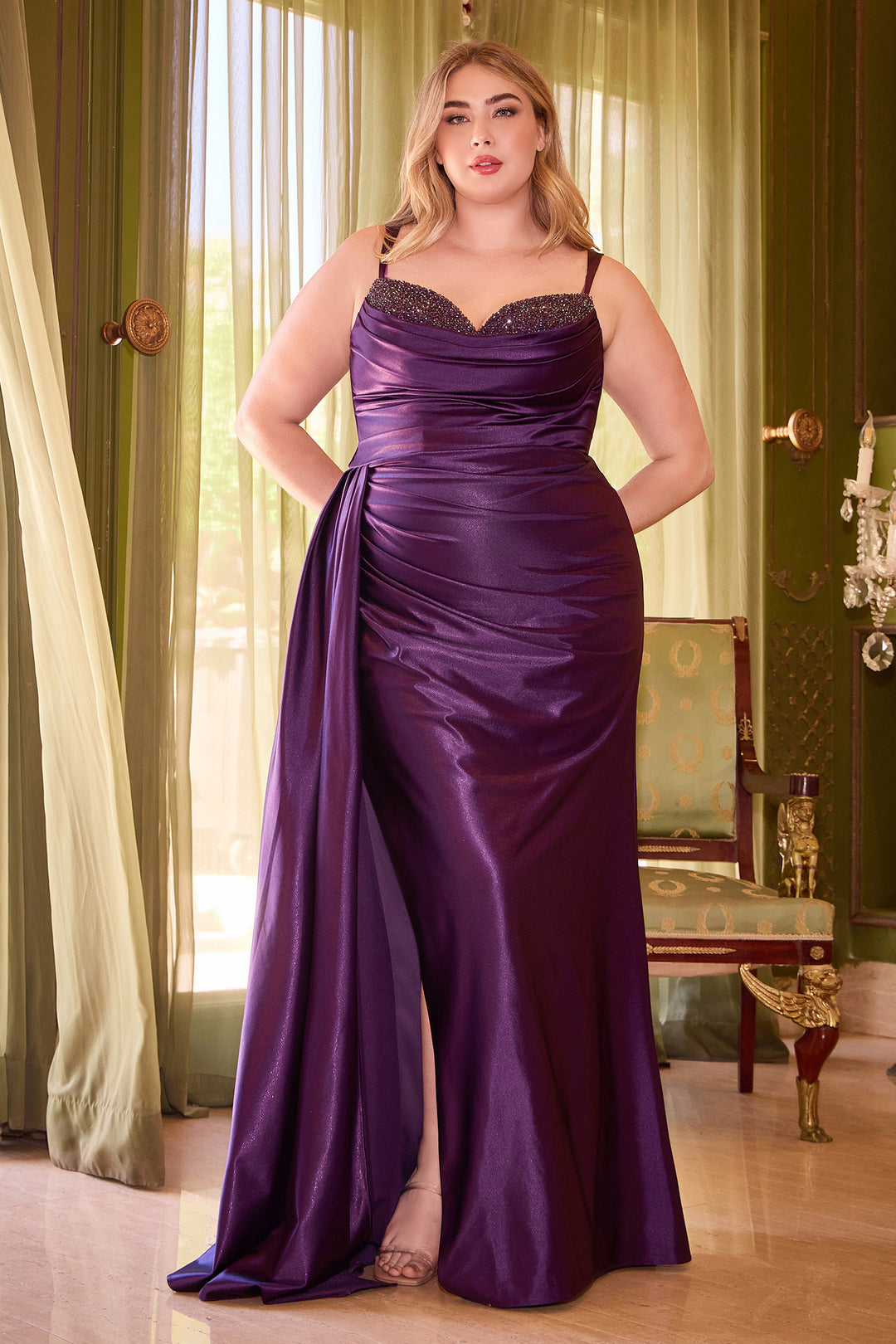 Plus Size Fitted Beaded Satin Slit Gown by Ladivine CD349C