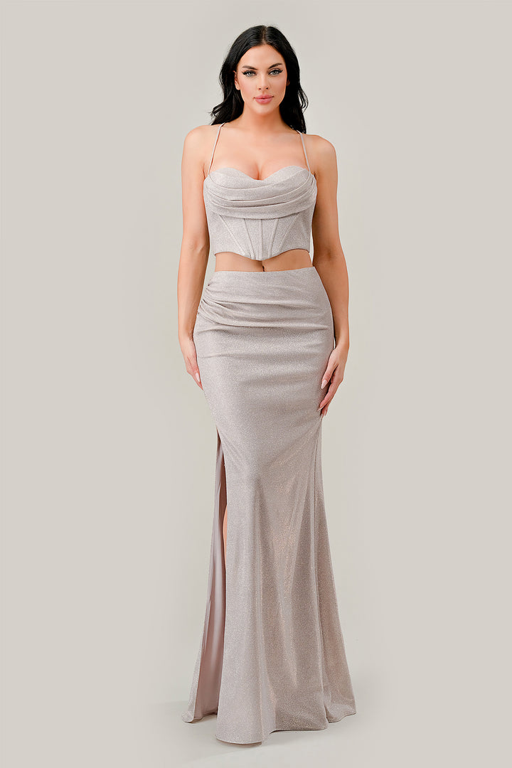 Glitter 2-Piece Sleeveless Corset Slit Gown by Ladivine CD350