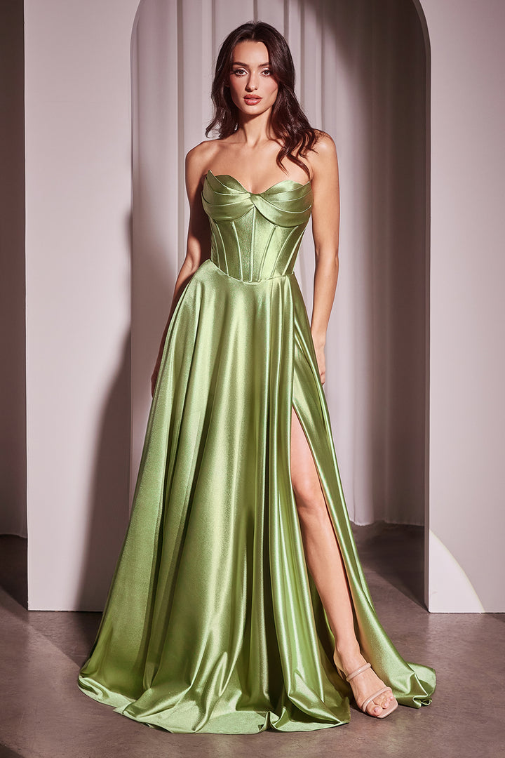 Satin Strapless A-line Slit Gown by Ladivine CD378 - Outlet