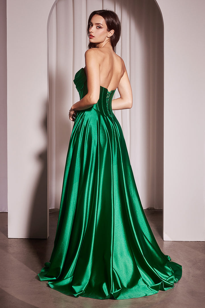 Satin Strapless A-line Slit Gown by Ladivine CD378 - Outlet