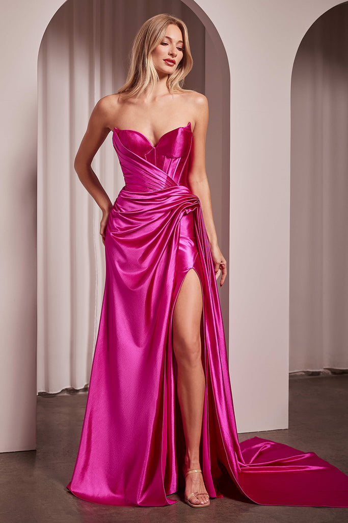 Satin Fitted Strapless Slit Gown by Ladivine CD379 – ABC Fashion