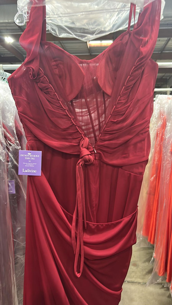 Mesh Fitted Off Shoulder Slit Gown by Ladivine CD387