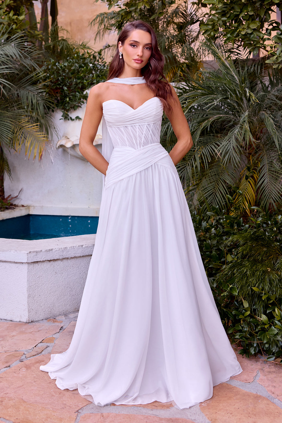 White Chiffon Strapless A-line Gown by Ladivine CD395W White Chiffon Strapless A-line Gown by Ladivine CD395W