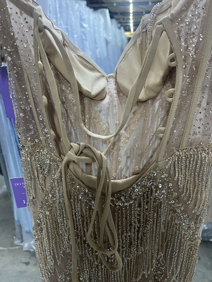Beaded Fringe Fitted Strapless Gown by Ladivine CD3969