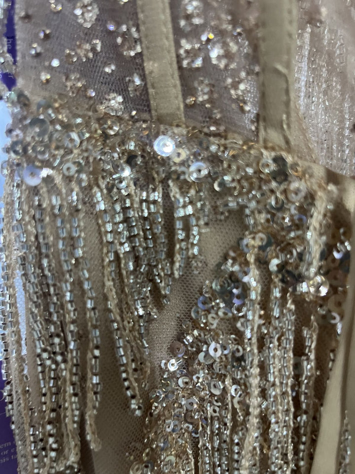 Beaded Fringe Fitted Strapless Gown by Ladivine CD3969