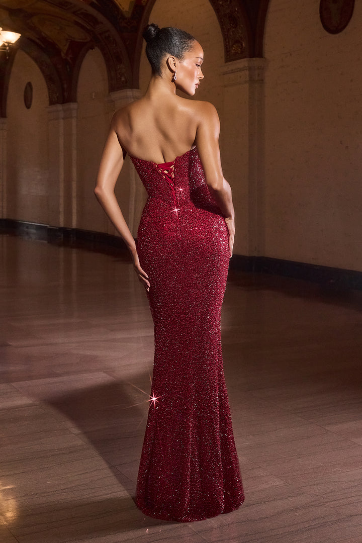 Sequin Fitted Strapless Gown by Ladivine CD396