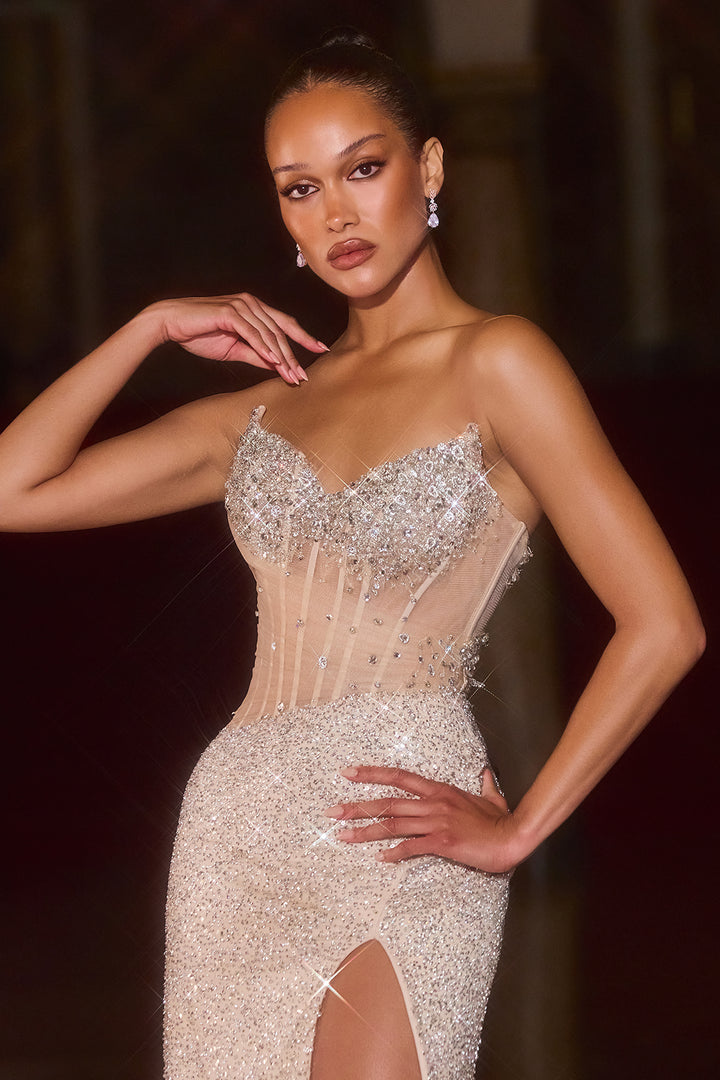 Beaded Fitted Strapless Slit Gown by Ladivine CD404