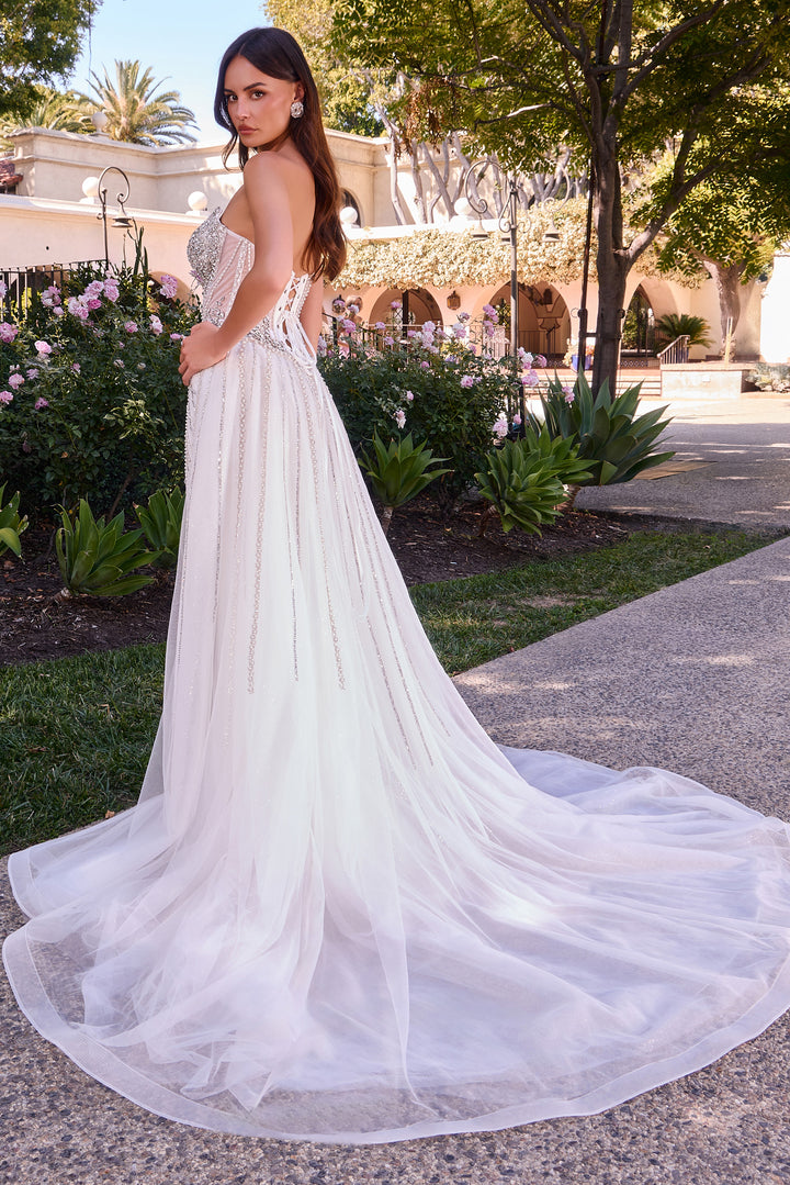 White Strapless Overskirt Gown by Ladivine CD643W