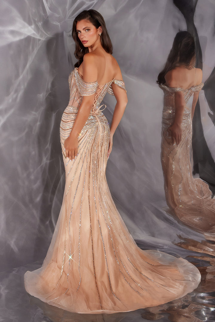Beaded Fitted Off Shoulder Gown by Ladivine CD654