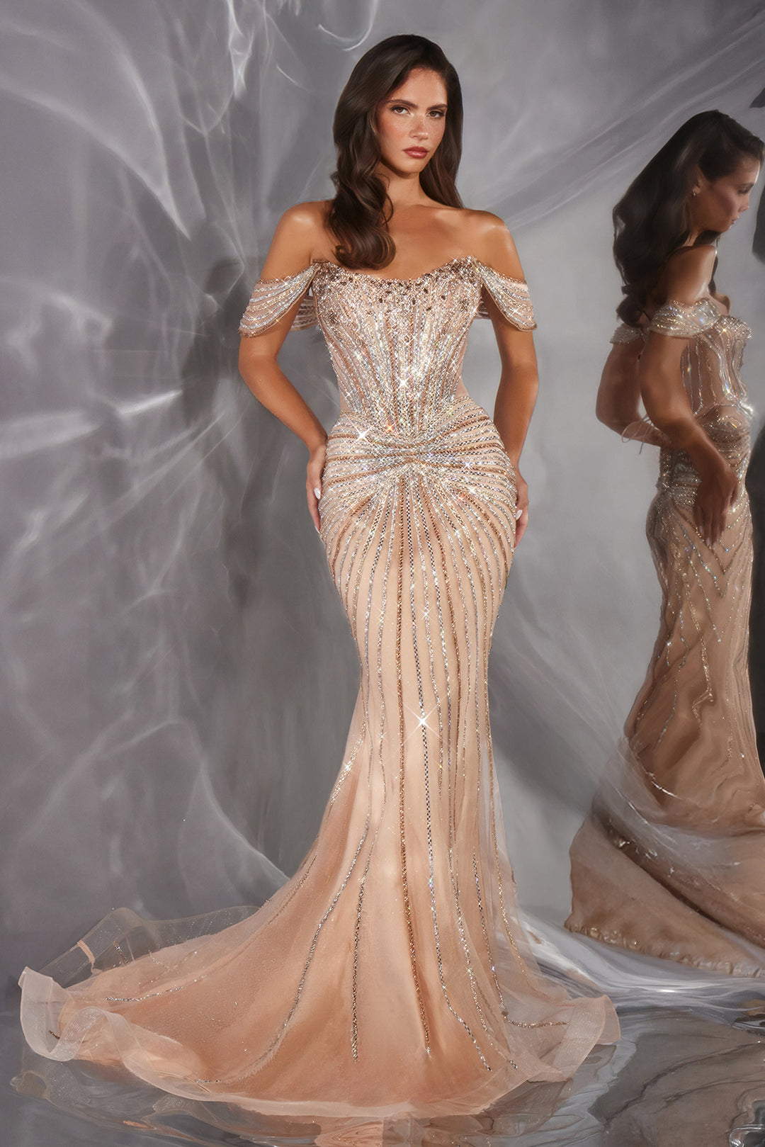 Beaded Fitted Off Shoulder Gown by Ladivine CD654