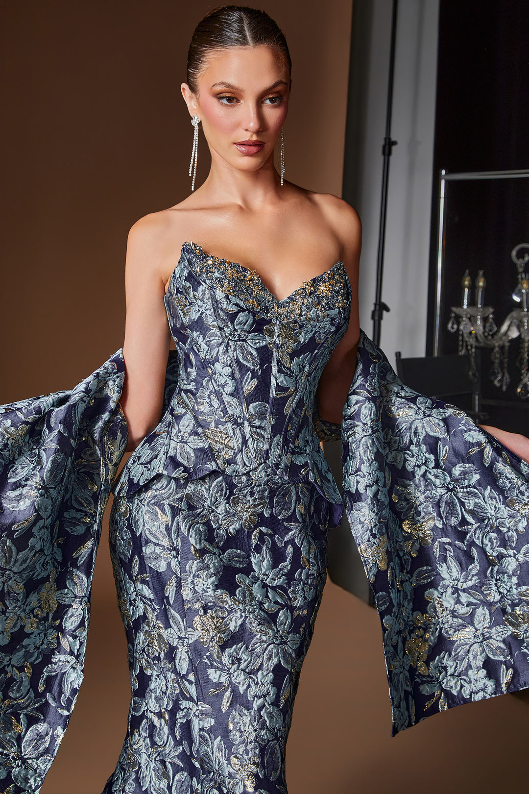 Jacquard Print Fitted Shawl Gown by Ladivine CD655