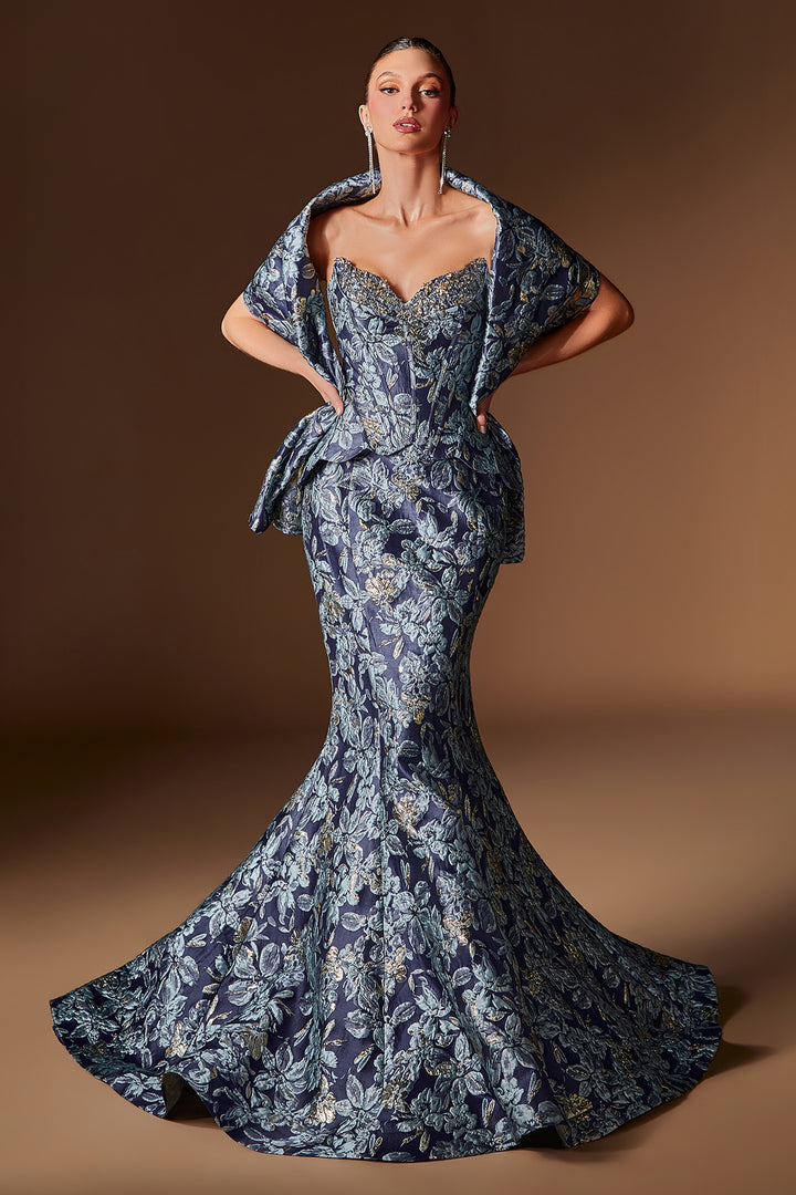 Jacquard Print Fitted Shawl Gown by Ladivine CD655