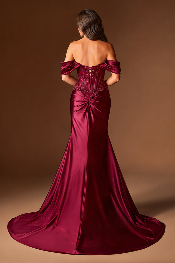 Beaded Satin Off Shoulder Slit Gown by Ladivine CD656