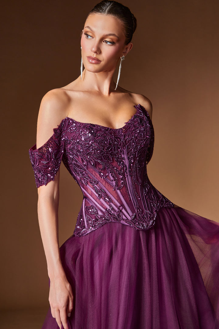 Applique Off Shoulder A-line Gown by Ladivine CD657