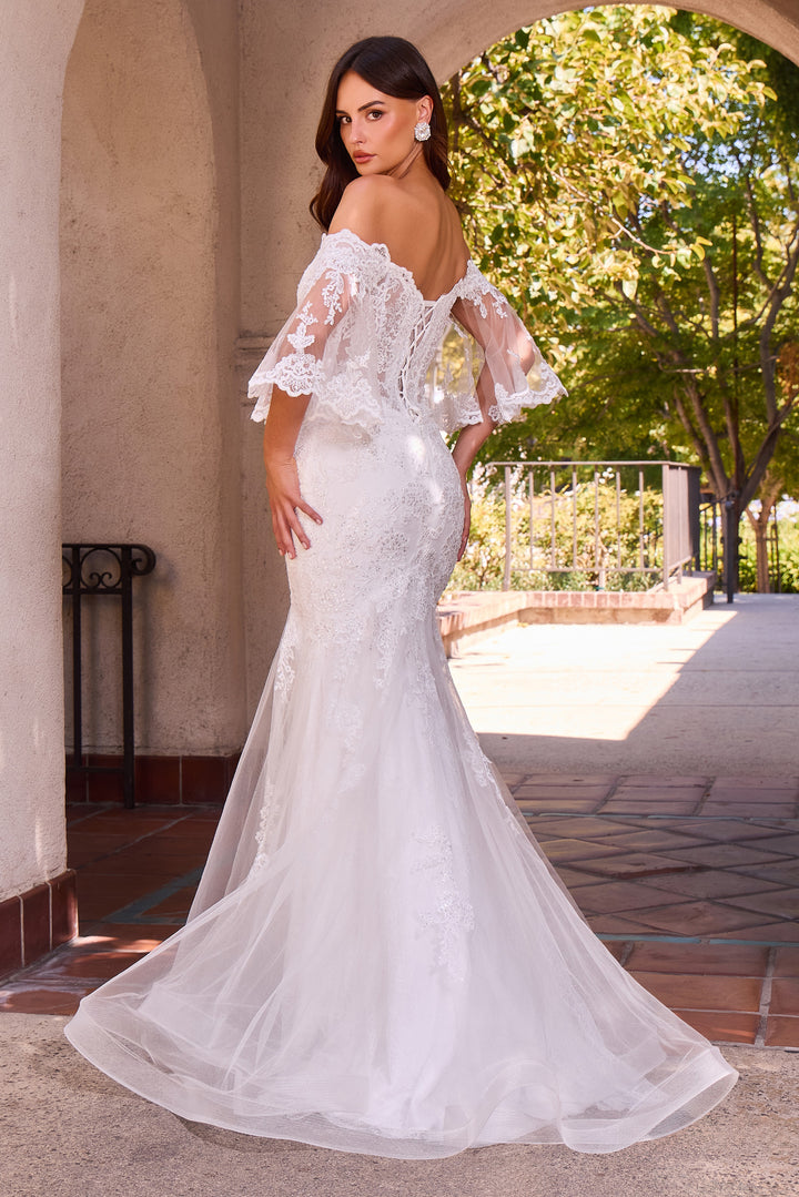 White Off Shoulder Bell Sleeve Gown by Ladivine CD659W