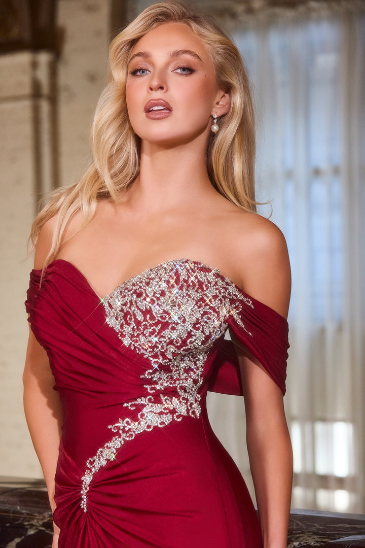 Beaded Satin Off Shoulder Gown by Ladivine CD667