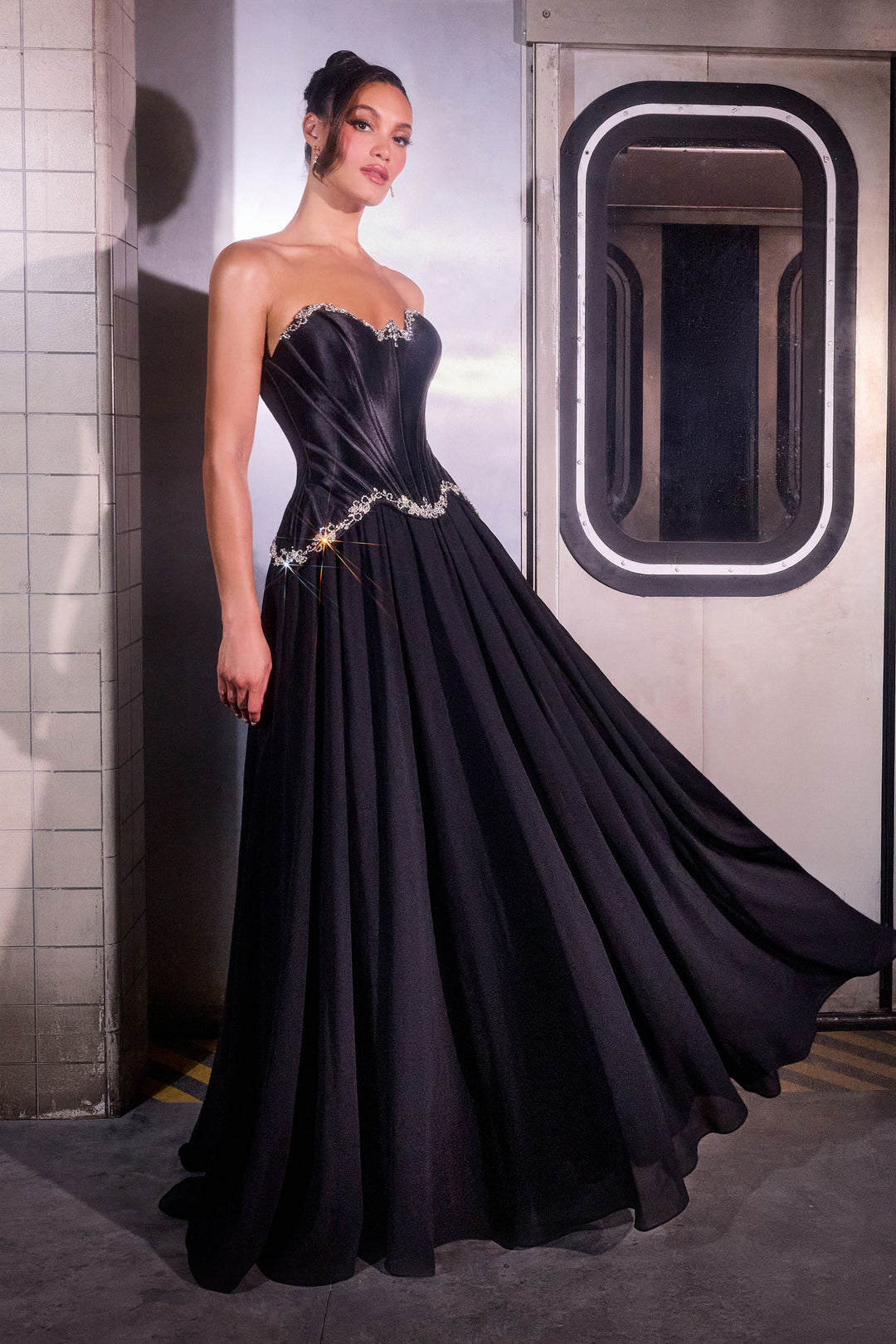 Satin Chiffon Strapless A-line Gown by Ladivine CD668