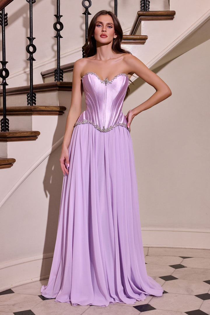 Satin Chiffon Strapless A-line Gown by Ladivine CD668