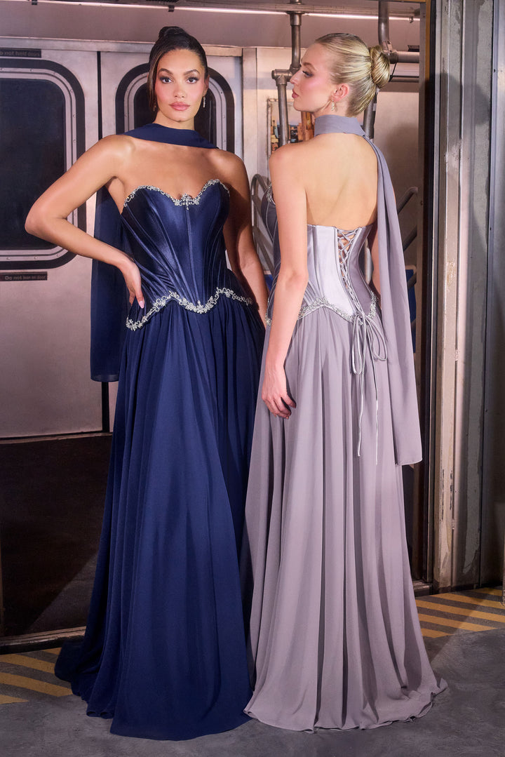 Satin Chiffon Strapless A-line Gown by Ladivine CD668