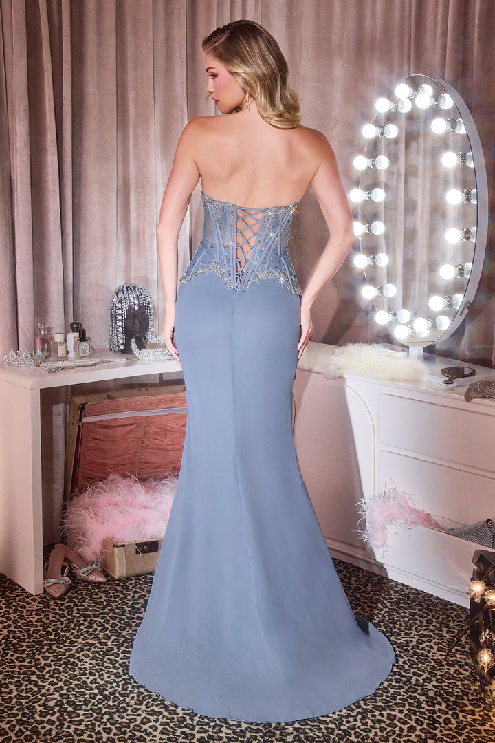 Beaded Fitted Strapless Slit Gown by Ladivine CD669