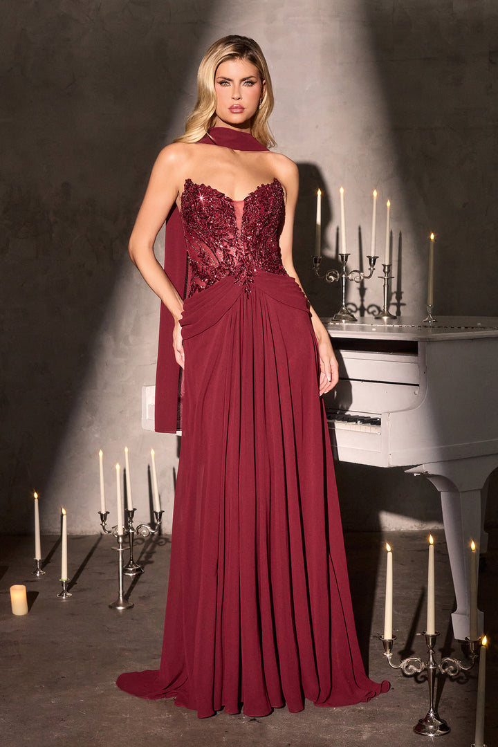 Chiffon Strapless A-line Gown by Ladivine CD673
