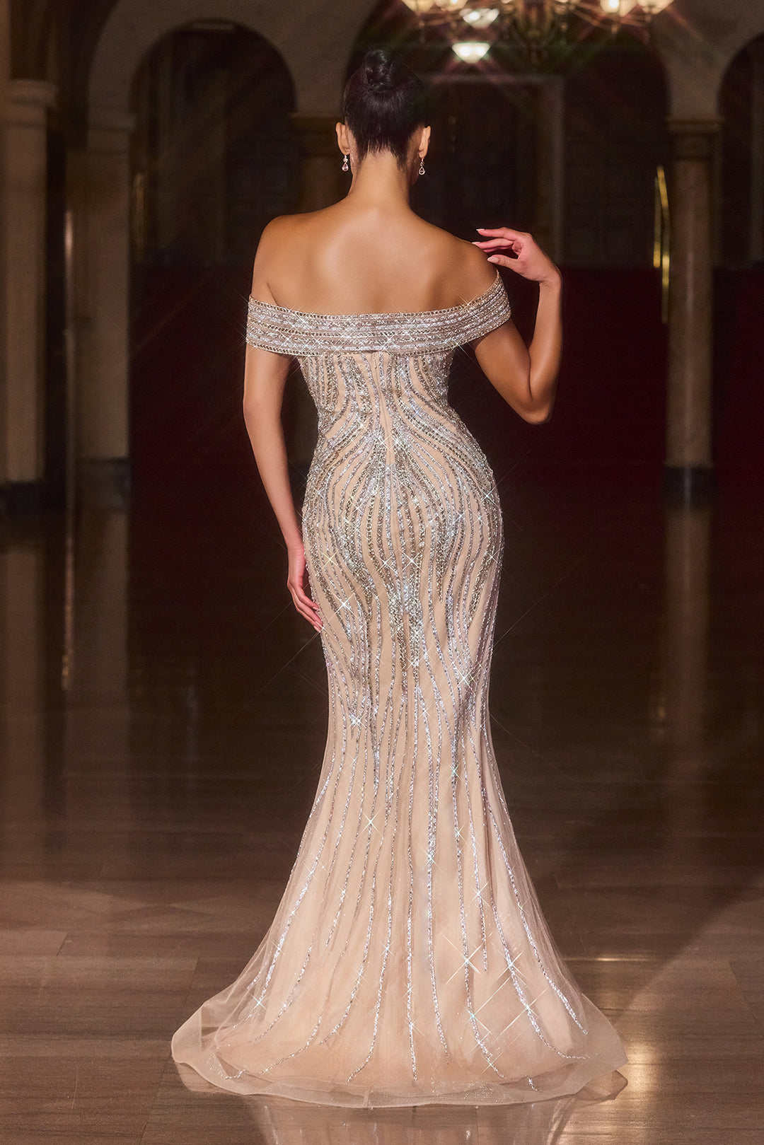 Beaded Fitted Off Shoulder Gown by Ladivine CD674