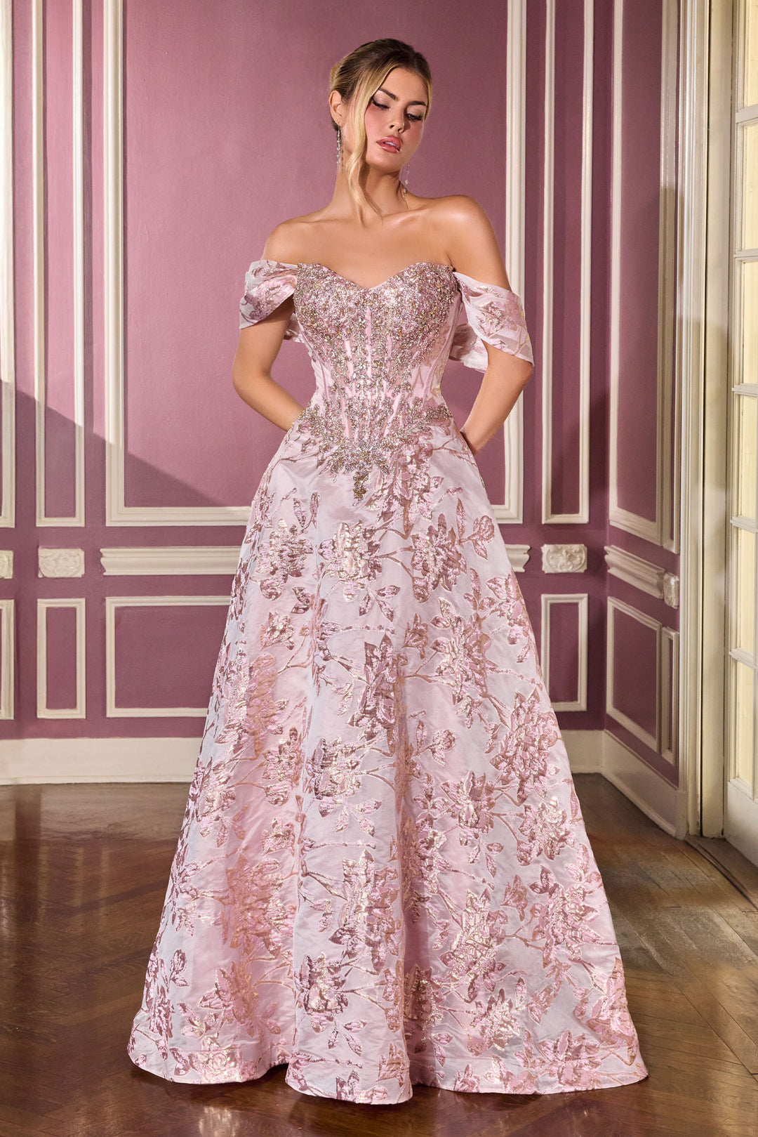 Jacquard Off Shoulder Ball Gown by Ladivine CD682 Jacquard Off Shoulder Ball Gown by Ladivine CD682