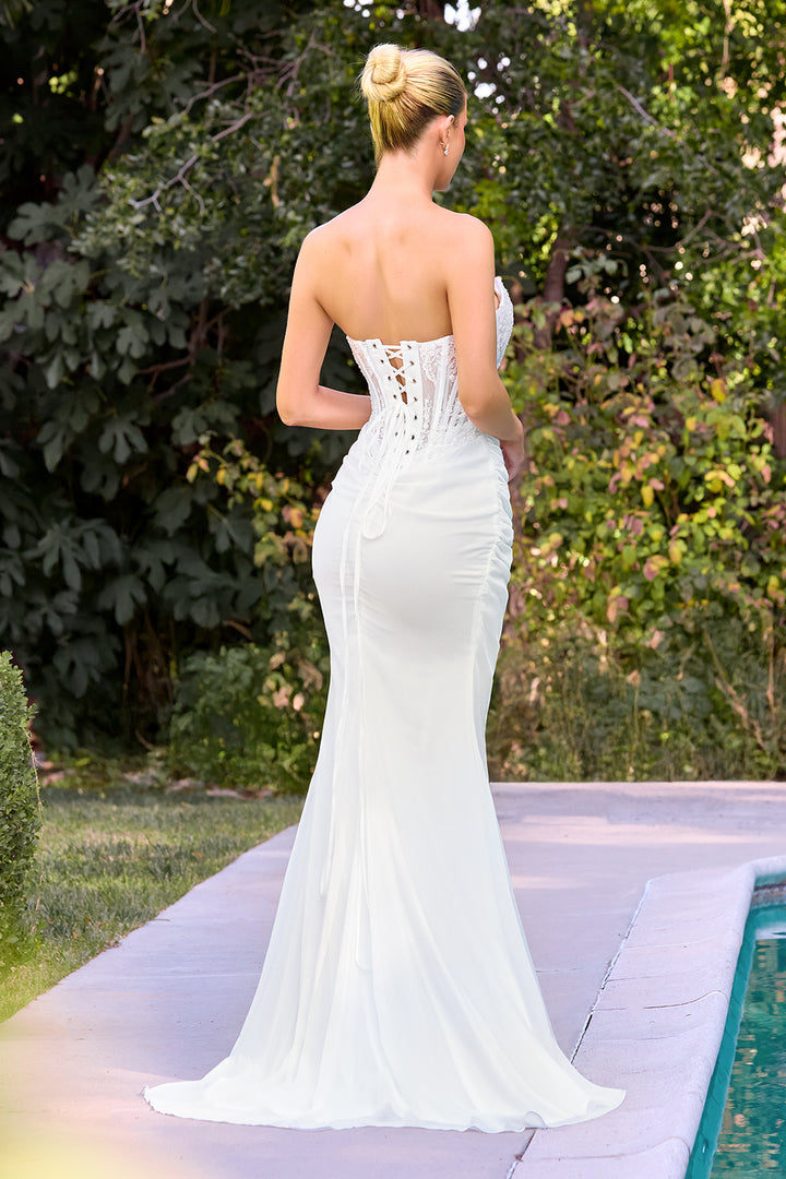 White Lace Fitted Strapless Gown by Ladivine CD683W