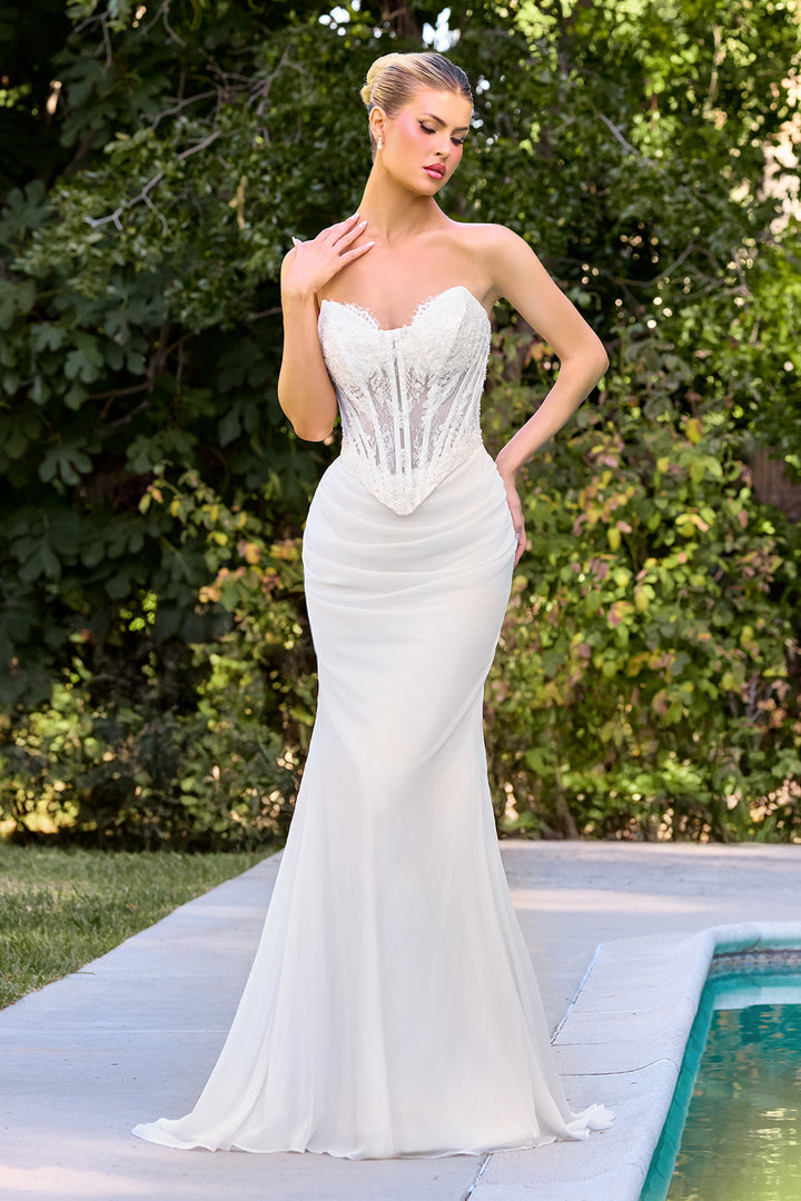 White Lace Fitted Strapless Gown by Ladivine CD683W