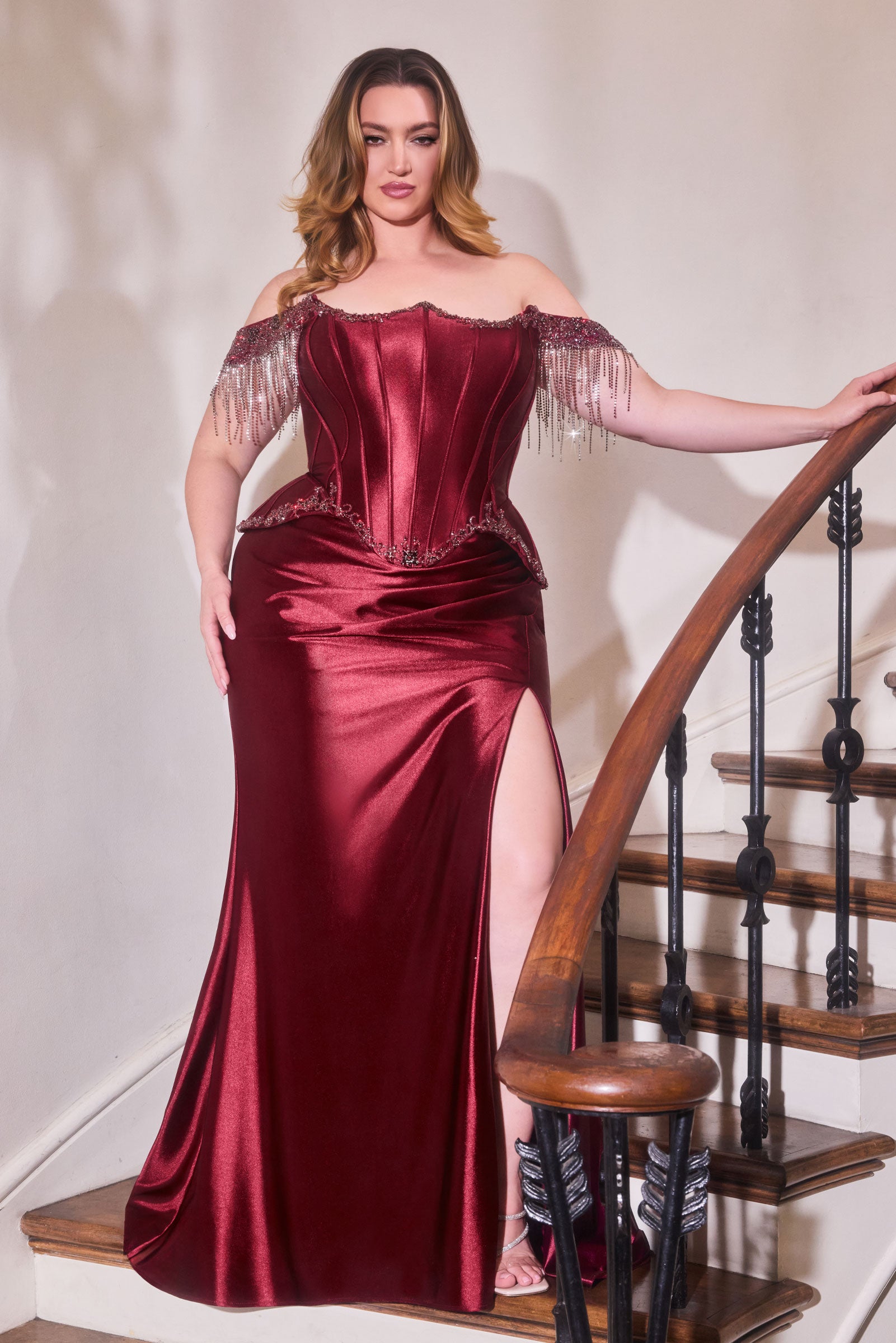 Off Shoulder Fringe Slit Gown by Ladivine CD688 – ABC Fashion