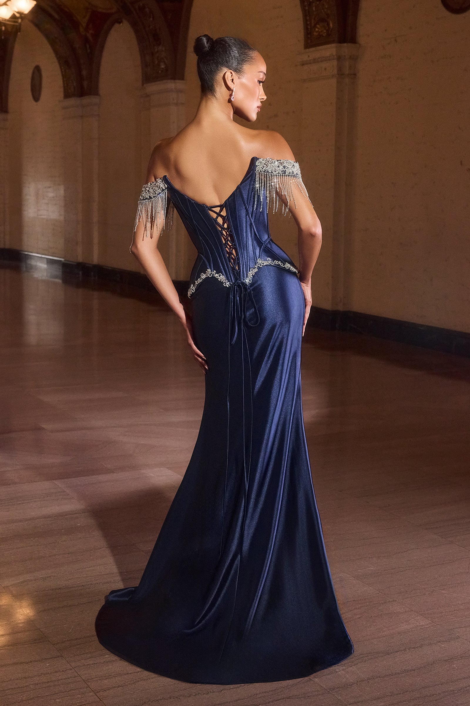 Off Shoulder Fringe Slit Gown by Ladivine CD688 – ABC Fashion