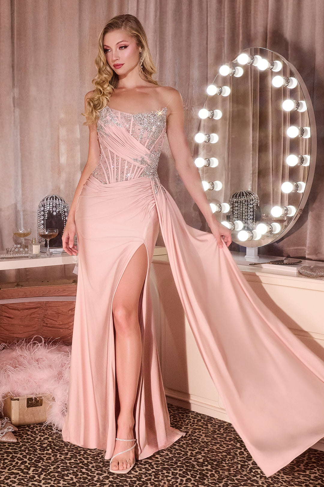 Beaded Satin Strapless Slit Gown by Ladivine CD689