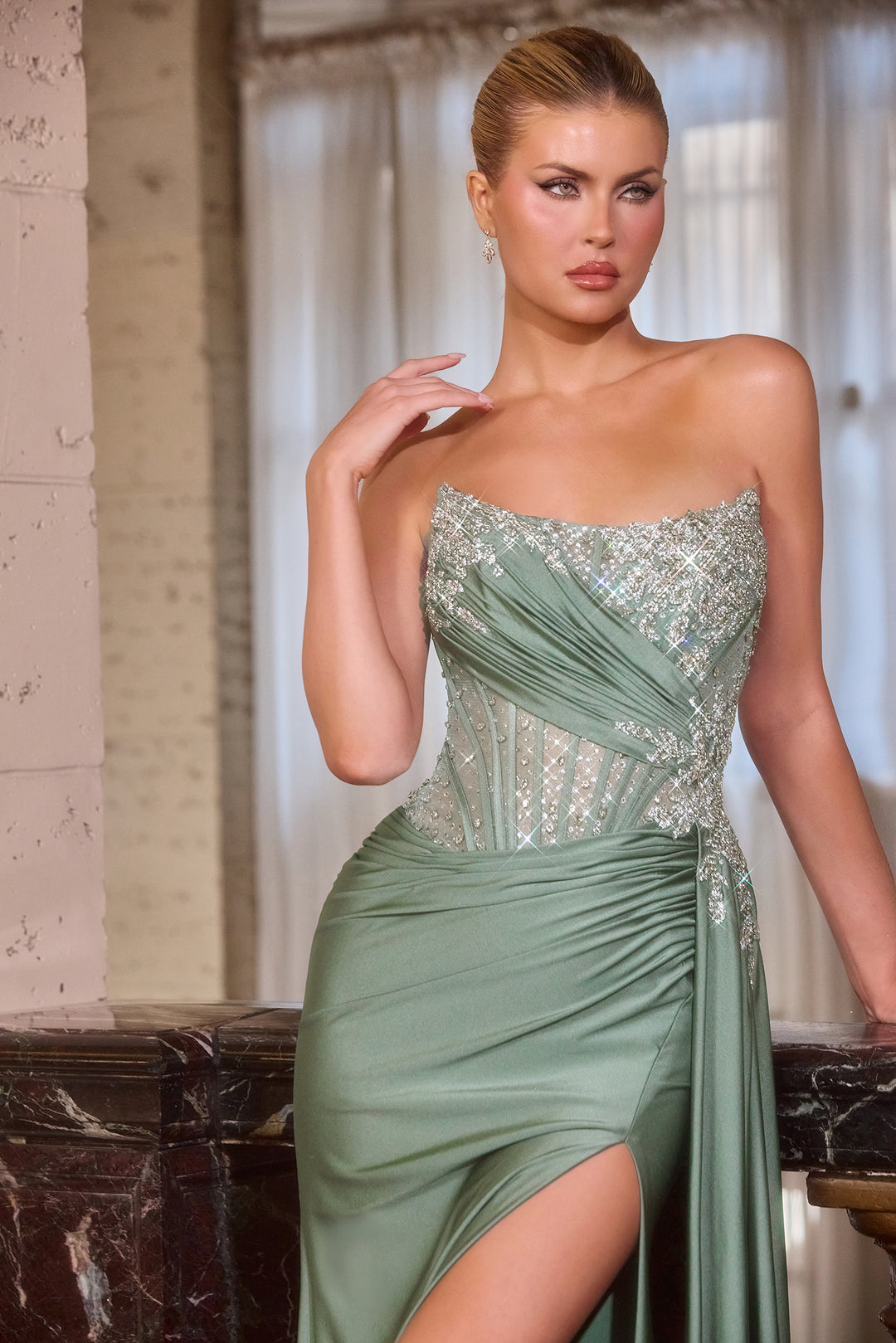 Beaded Satin Strapless Slit Gown by Ladivine CD689