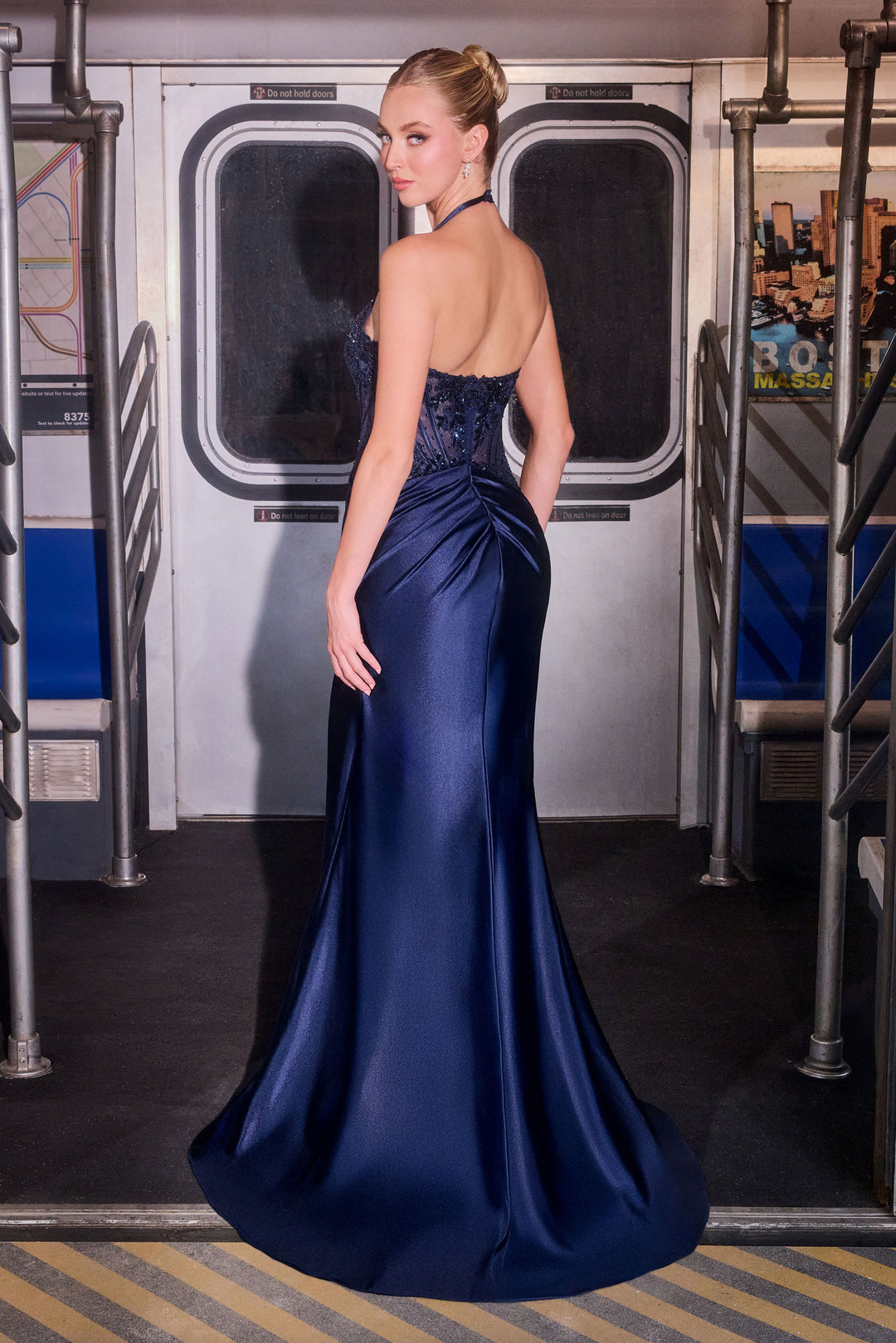 Applique Satin Halter Slit Gown by Ladivine CD690