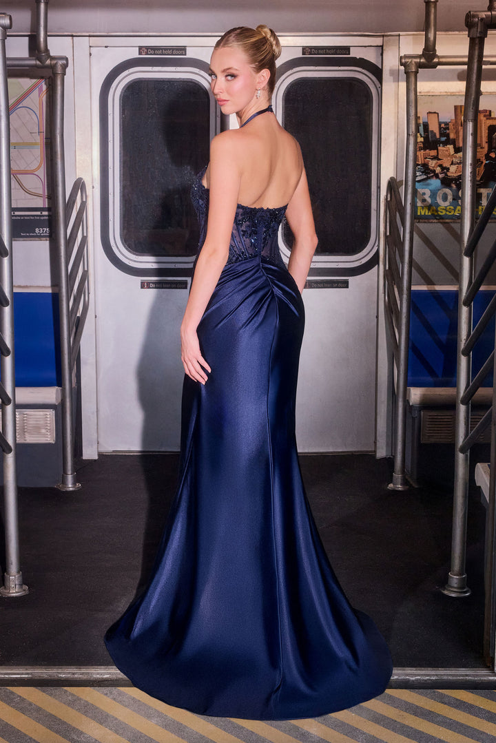 Applique Satin Halter Slit Gown by Ladivine CD690