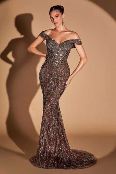 Beaded Fitted Off Shoulder Gown by Ladivine CD693