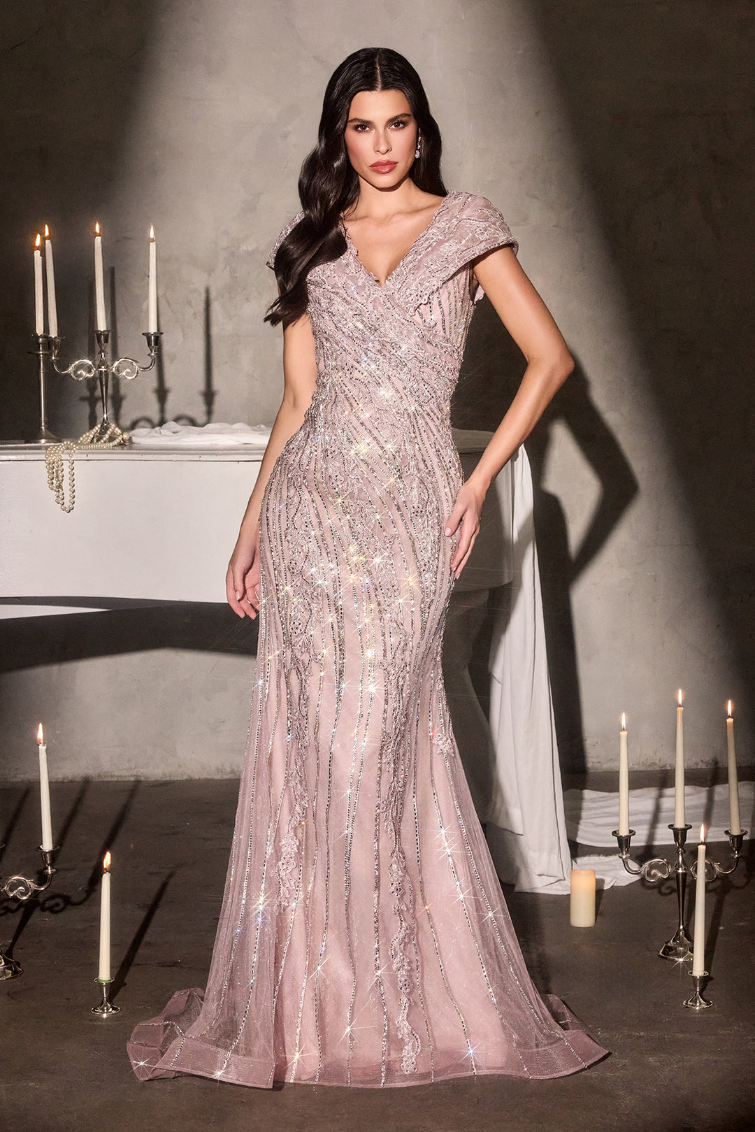 capped sleeve evening dress Glitter Cap Sleeve Princess A-line Grey Formal Dress Prom Dress
