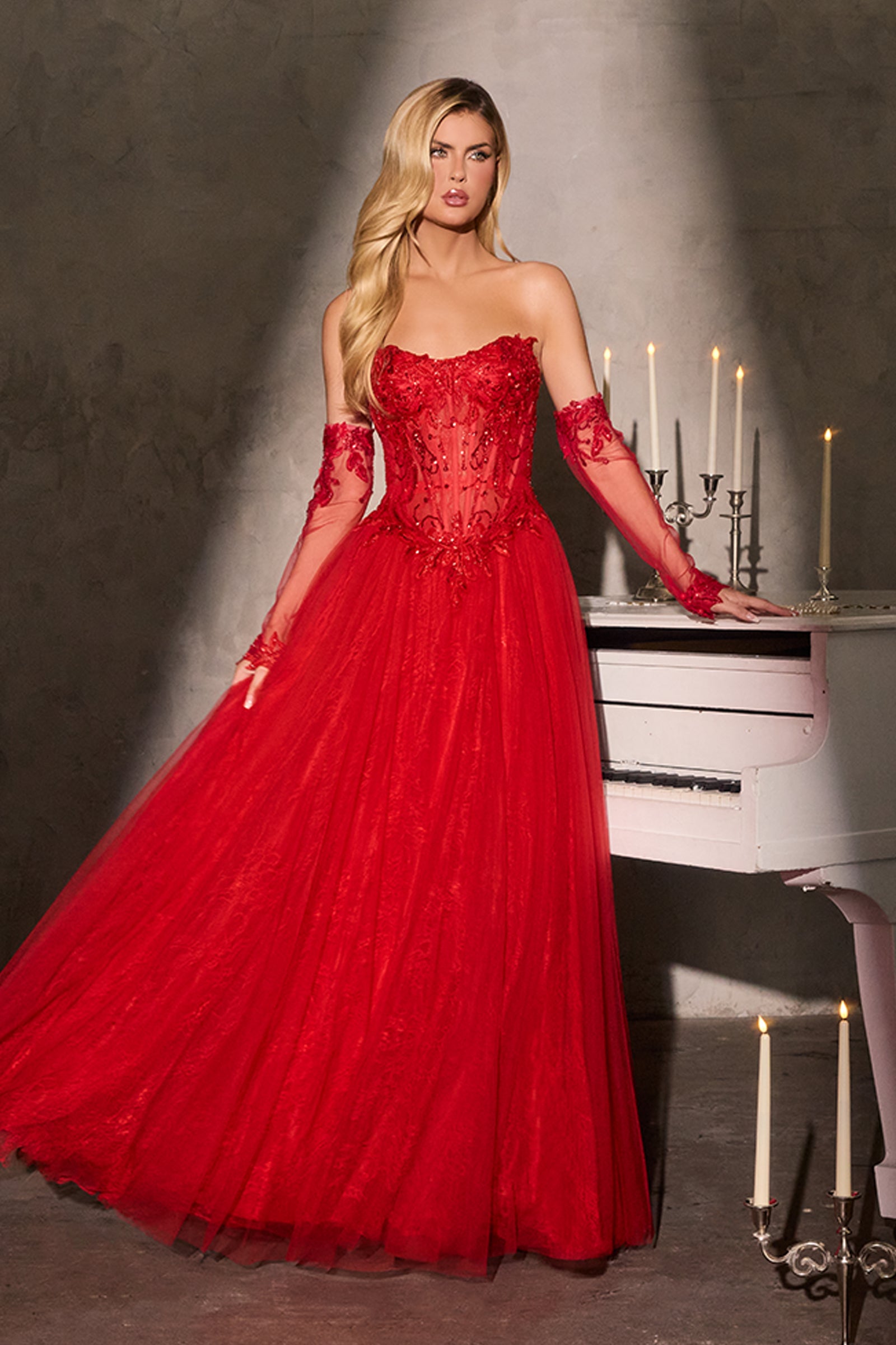 IMVAL / Check Layered Dress［RED］ Strapless Glove A-line Gown by Ladivine CD717 – ABC Fashion