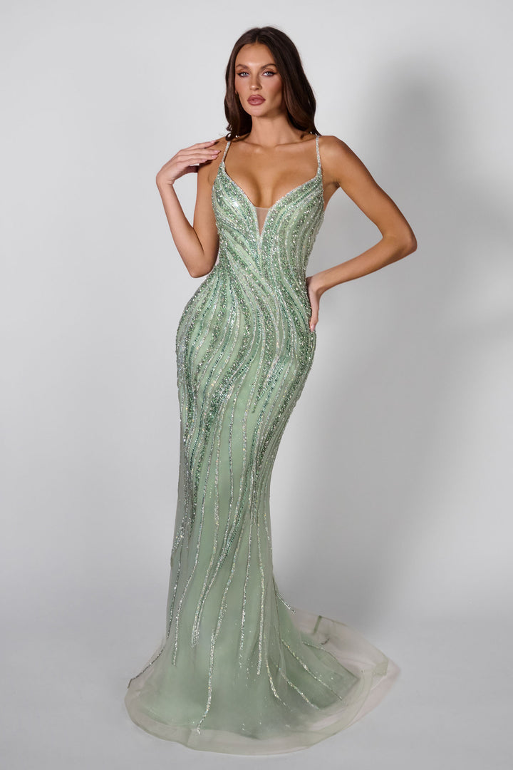 Beaded Fitted Sleeveless Gown by Ladivine CD719