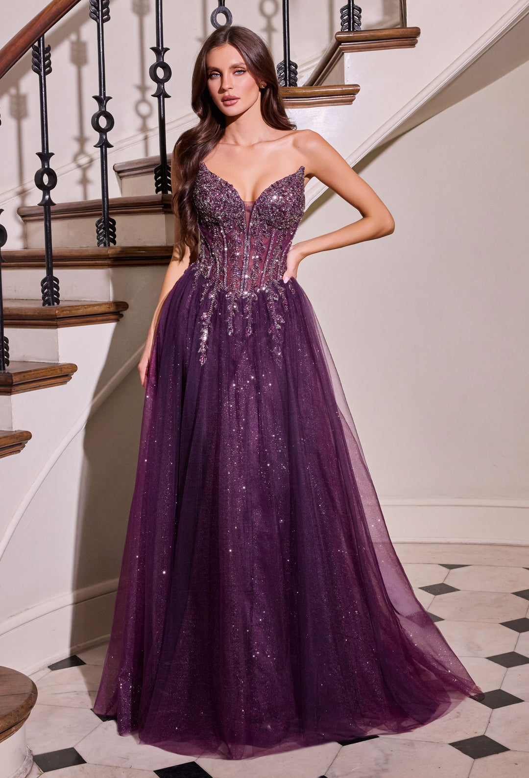 Beaded Strapless A-line Gown by Ladivine CD721