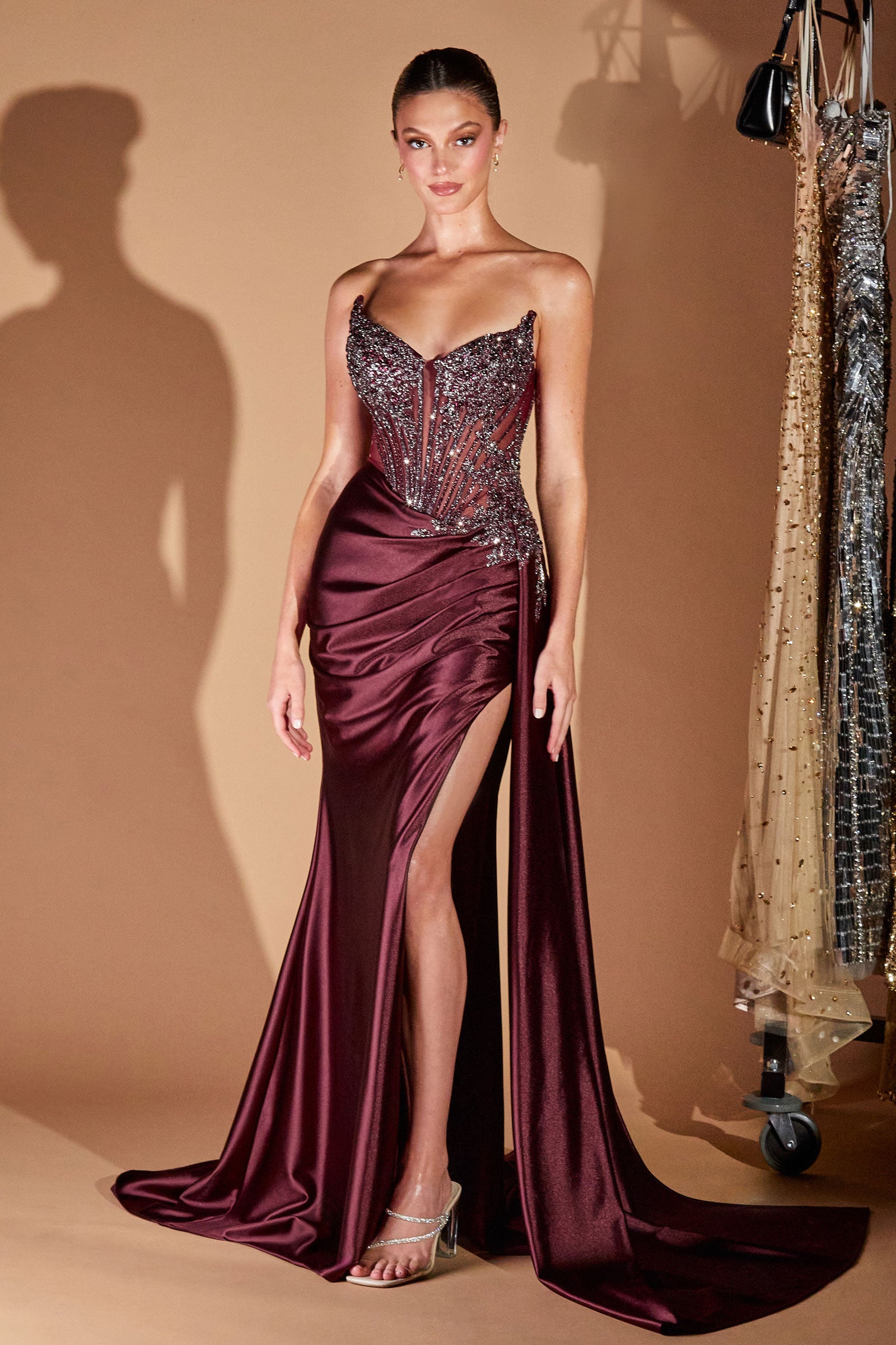 Beaded Satin Strapless Slit Gown by Ladivine CD722 – ABC Fashion
