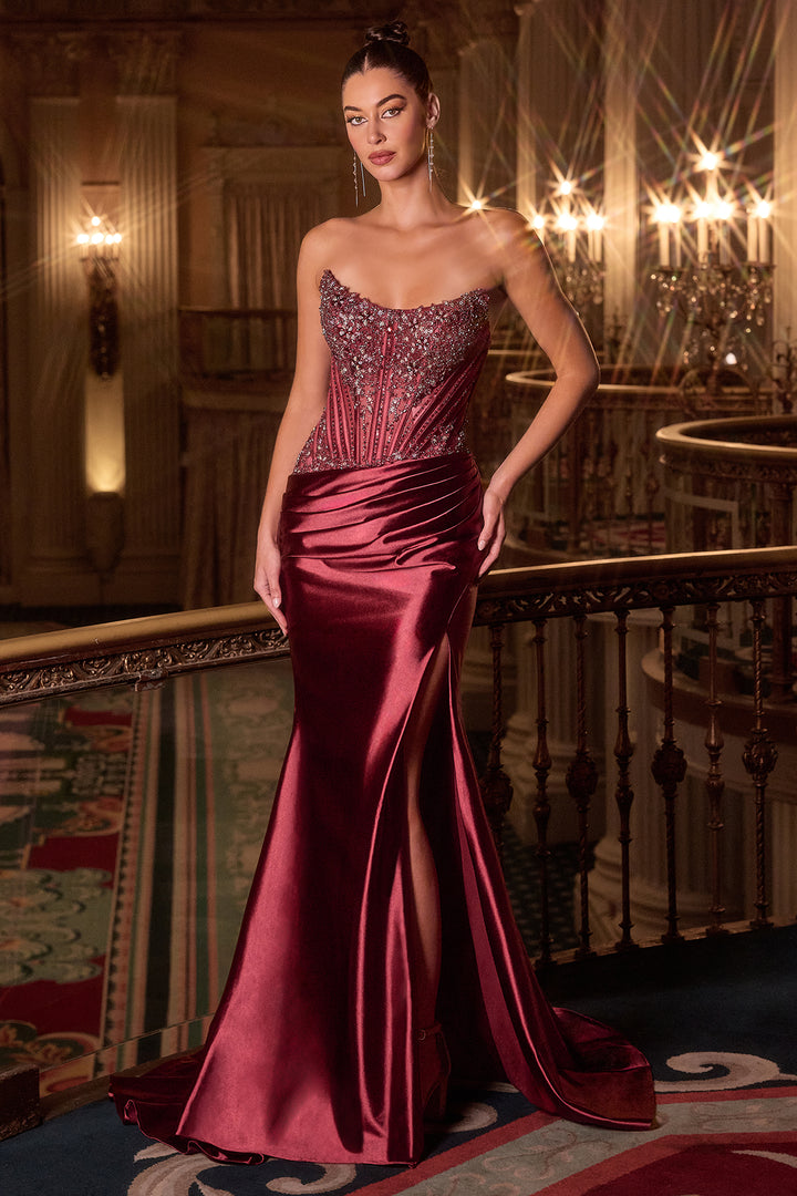 Beaded Satin Strapless Slit Gown by Ladivine CD725
