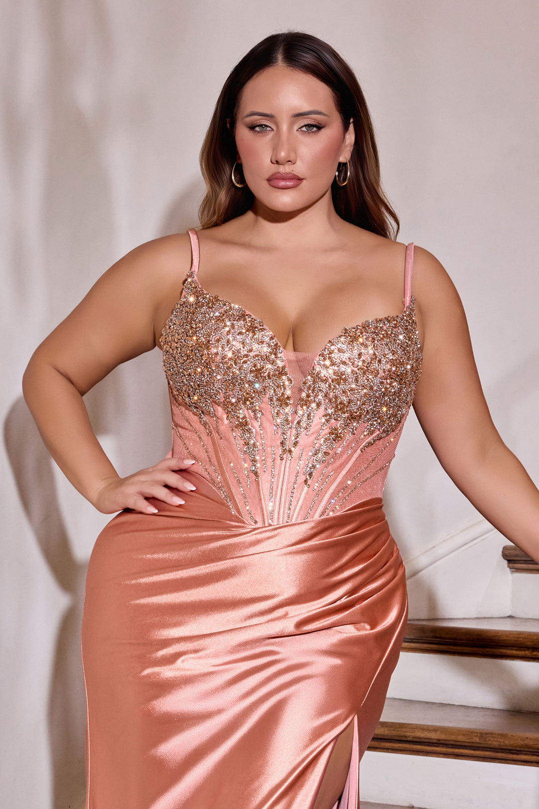 Plus Size Satin Cold Shoulder Gown by Ladivine CD729C