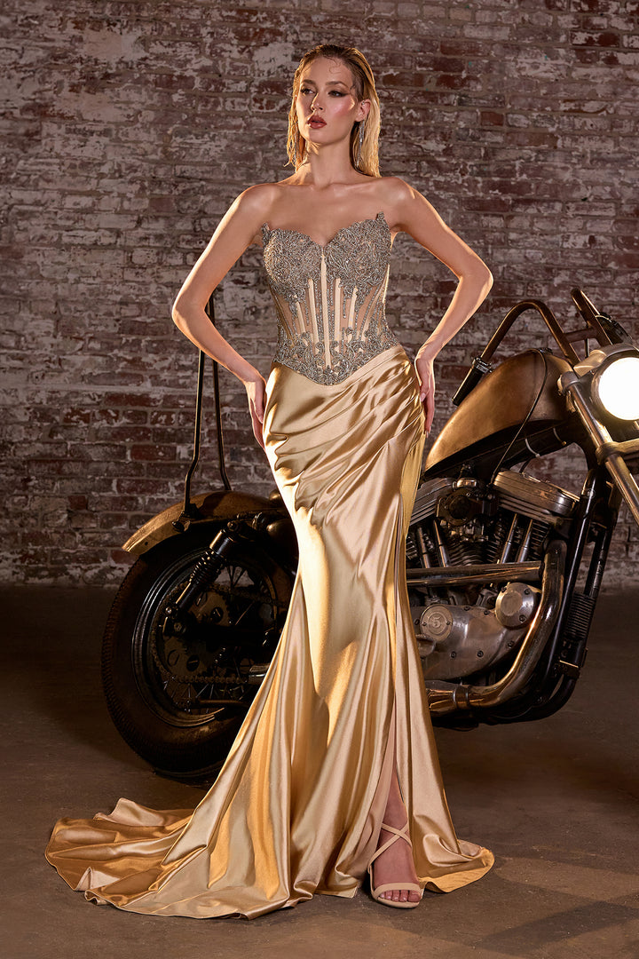Applique Satin Strapless Gown by Ladivine CD736
