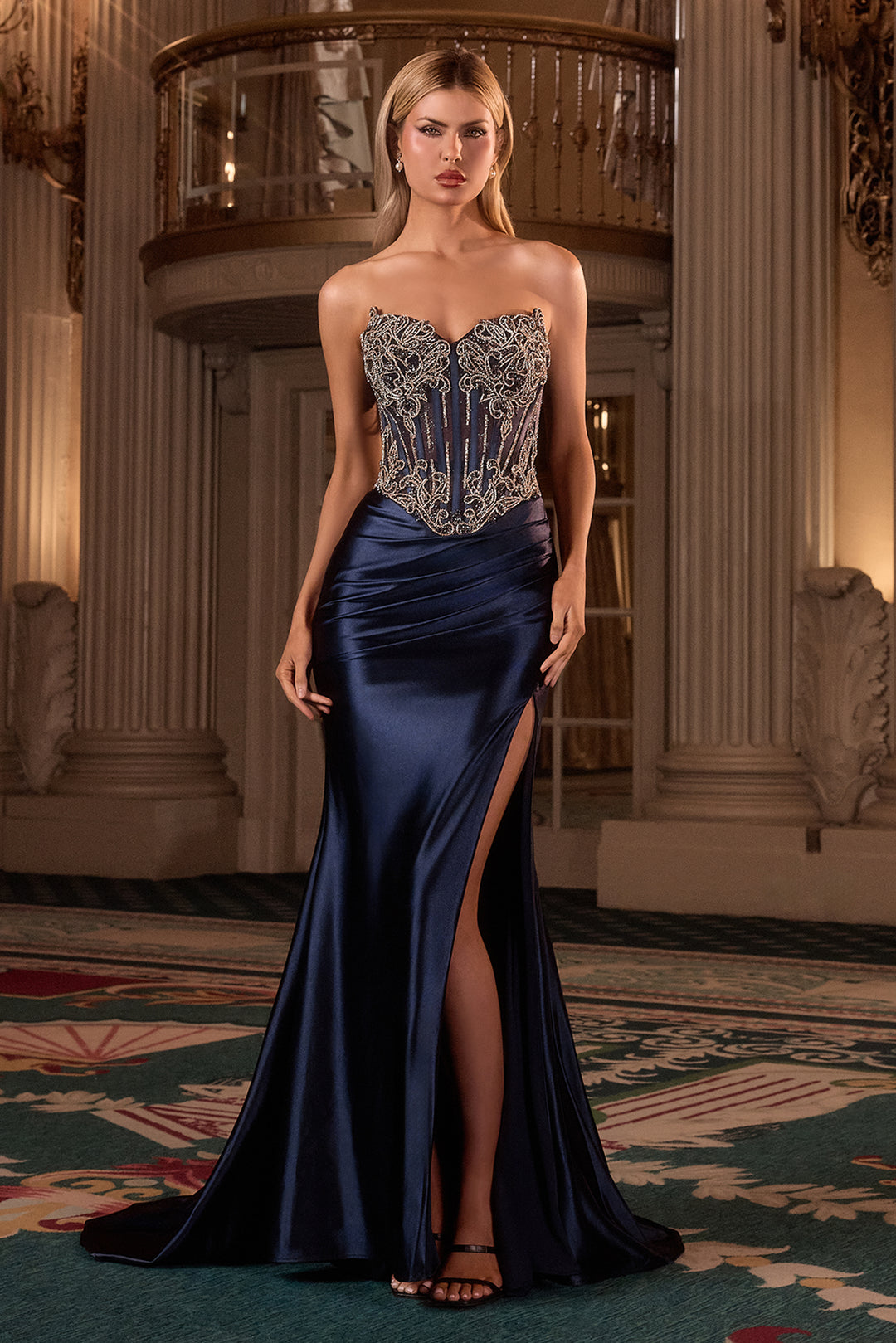 Applique Satin Strapless Gown by Ladivine CD736