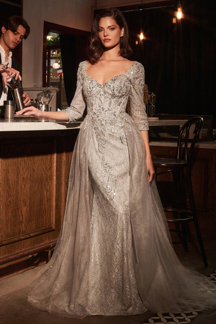 Applique Mid-Sleeve Overskirt Gown by Ladivine CD749 - Outlet